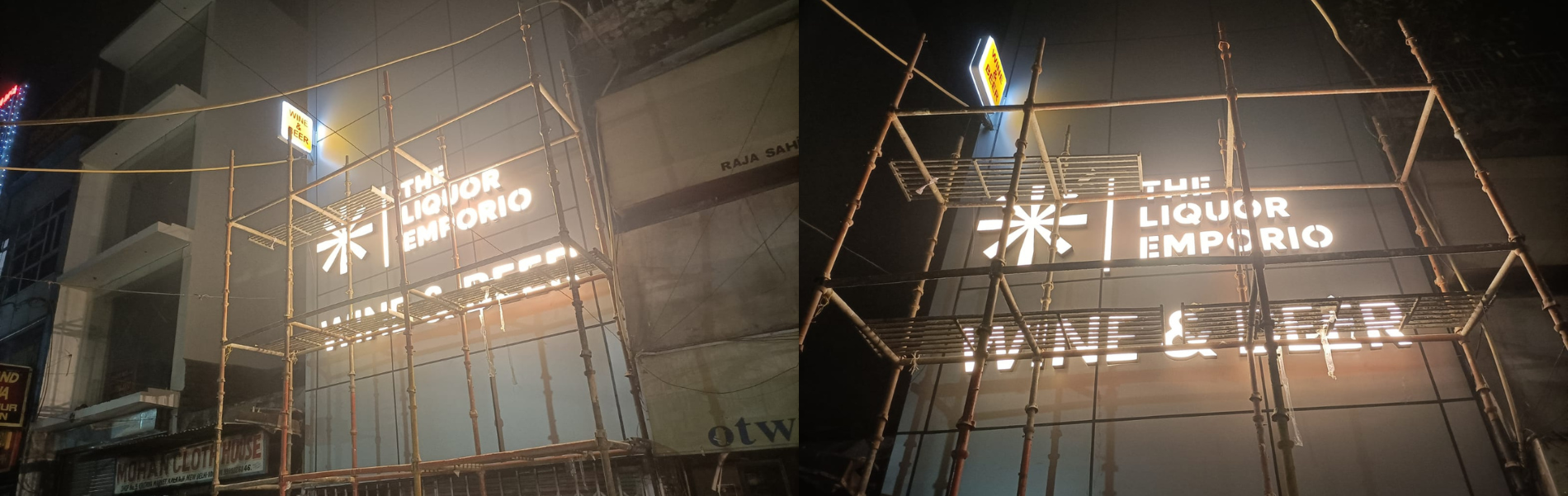 The Liquor Emporio LED channel letters and ACP signage at Kalkaji, Delhi