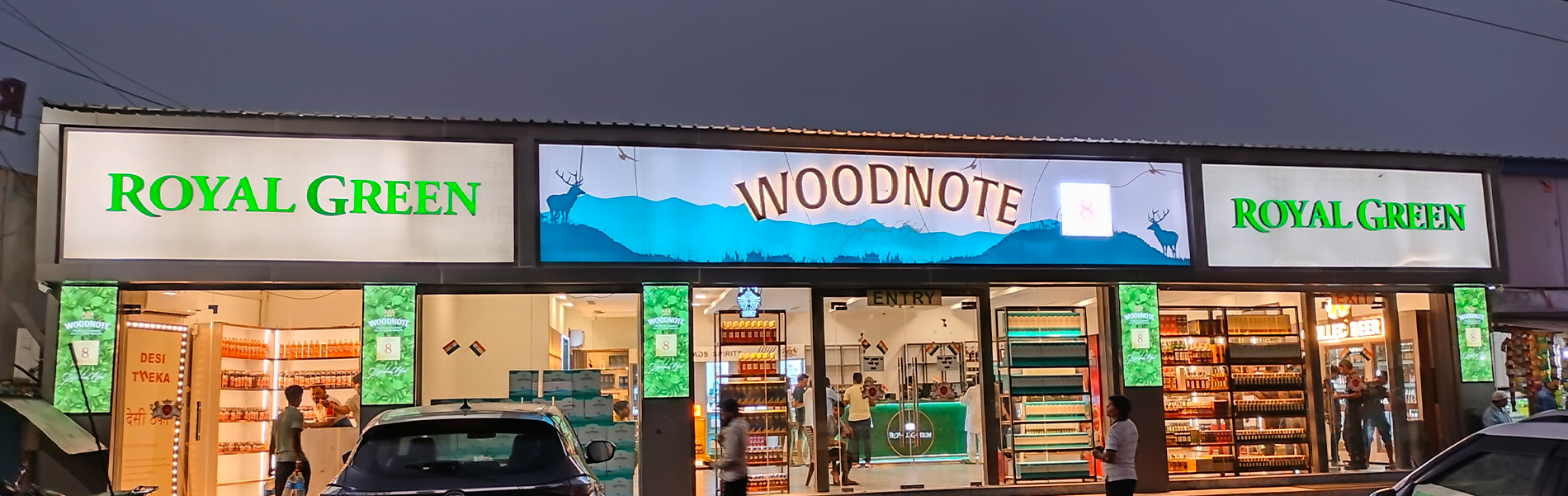 Woodnote Brandshop backlit flex sign with acrylic 3D letters