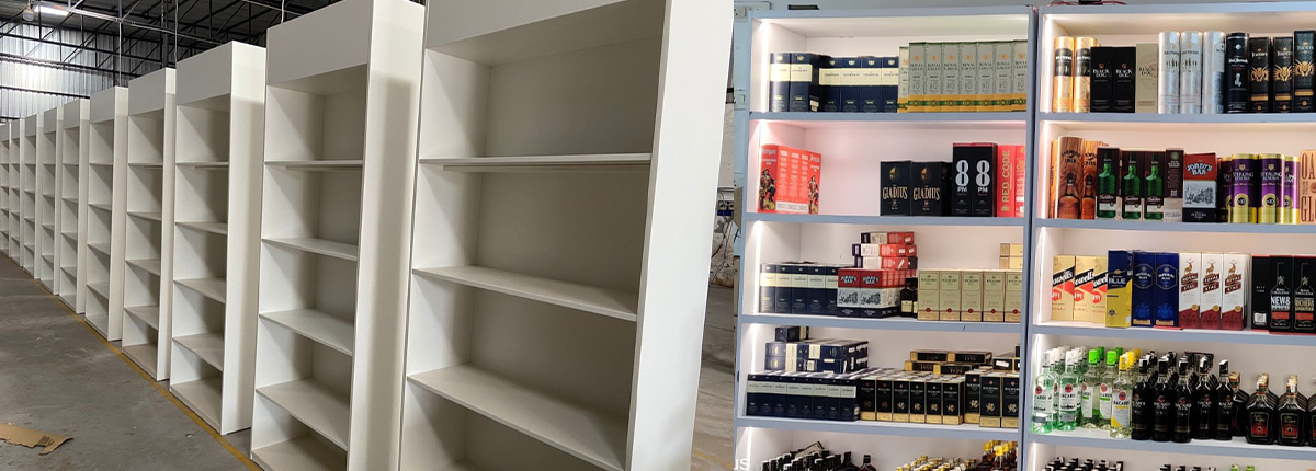 Liquor store wall rack with LED lighting by Baba SuperSign